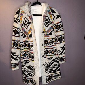 Northern Angel Southwestern Boho Print Sherpa Hooded Cardigan Sweater Sz M